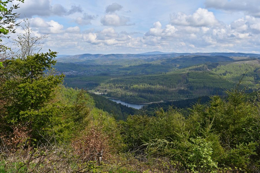 Blick von der Lageswarte auf die Innerstetalsperre und die bewaldete Landschaft