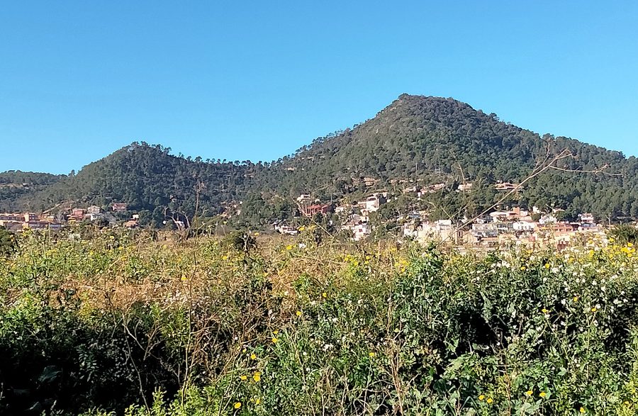 El turó del Rebaixí i el Montpedrós vistos des de la Colònia Güell, a Santa Coloma de Cervelló