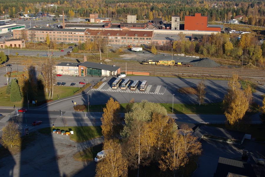 Jakobstad bus station viewed from the water tower, with the railyard in the background