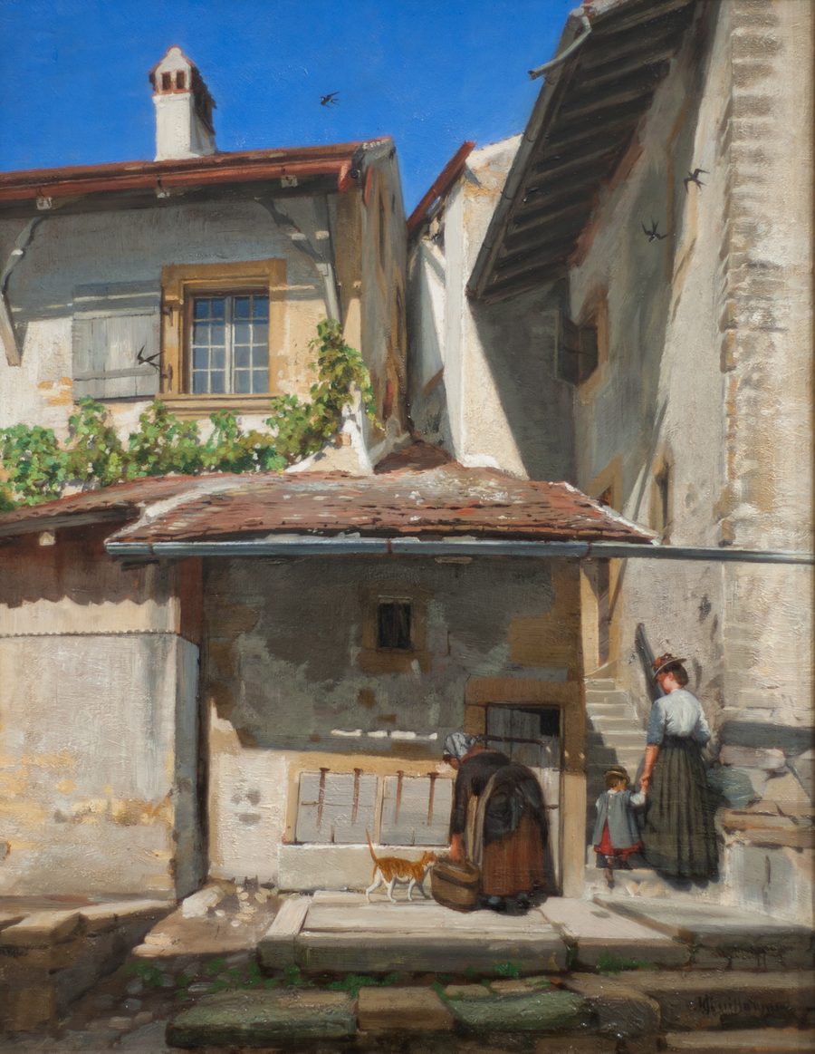 Vue du haut du village historique de Saint-Blaise, peinture à l’huile sur bois