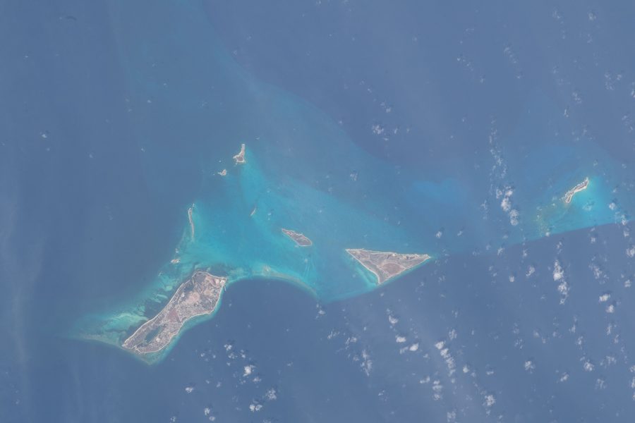 Aerial view of Turks and Caicos Islands including Salt Cay, photographed from the International Space Station