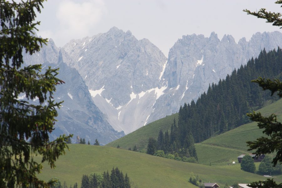 Blick von der Silleralm auf das Bergmassiv des Wilden Kaisers in Tirol.
