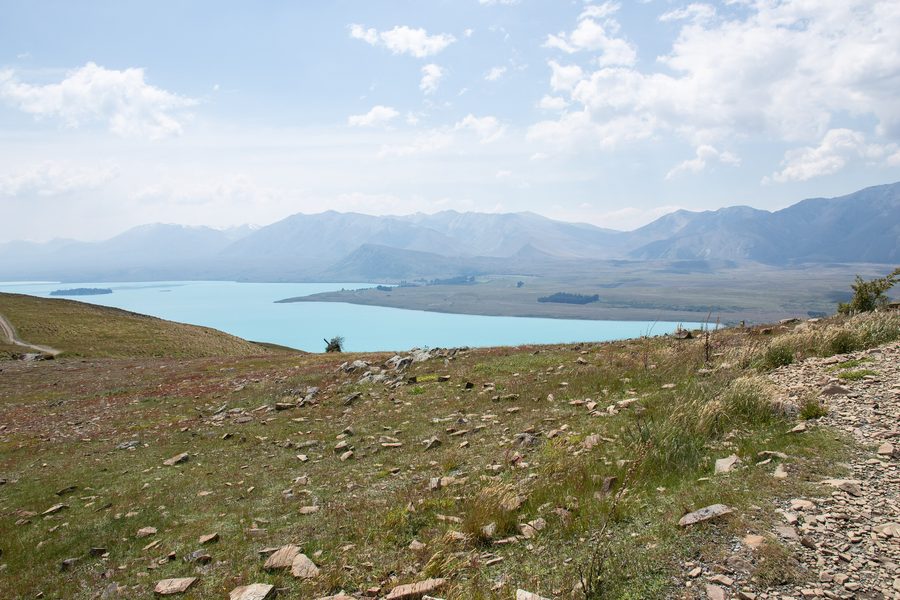 Türkisblauer Lake Tekapo vor Berglandschaft auf der Südinsel Neuseelands.