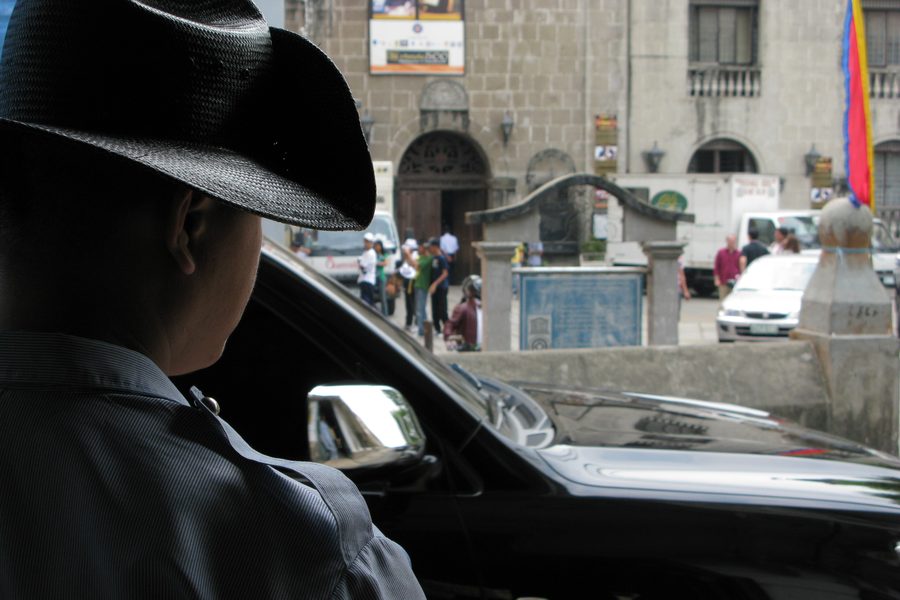 Historic stone walls and buildings inside Intramuros, Manila.