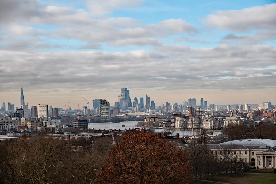 View over Greenwich Park and the River Thames towards Central London