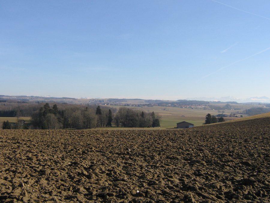 Blick auf das ländliche Dorf Poliez-le-Grand im Gros-de-Vaud