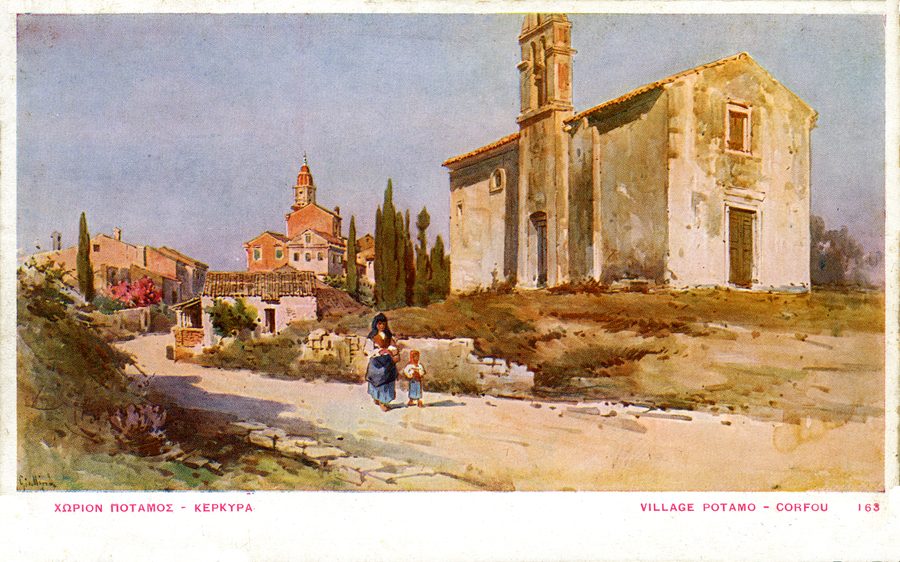 Historische Darstellung des Dorfes Potamos auf Korfu