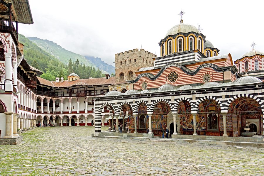 Exterior view of the Rila Monastery in the mountains of Bulgaria.