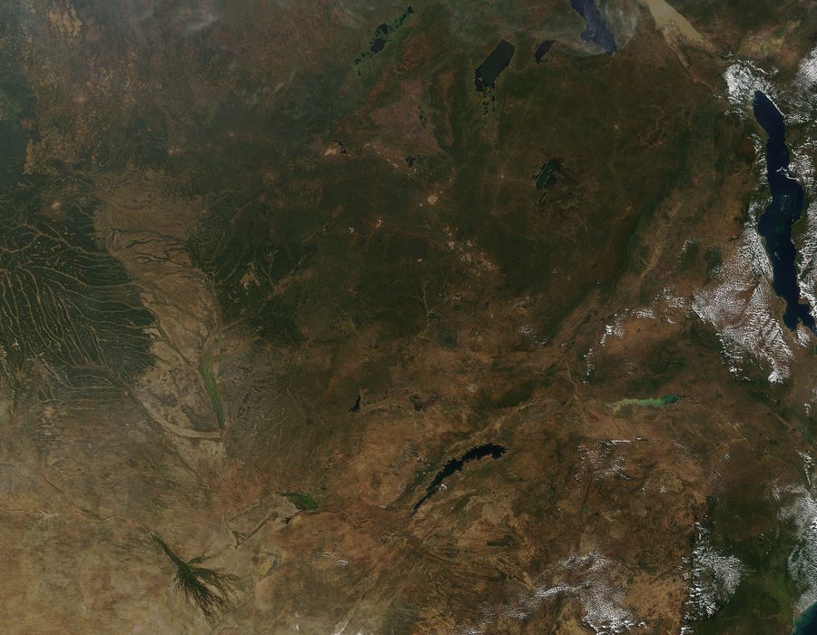 Satellitenbild von Zentralafrika mit bewölkten Flächen und grüner Vegetation.