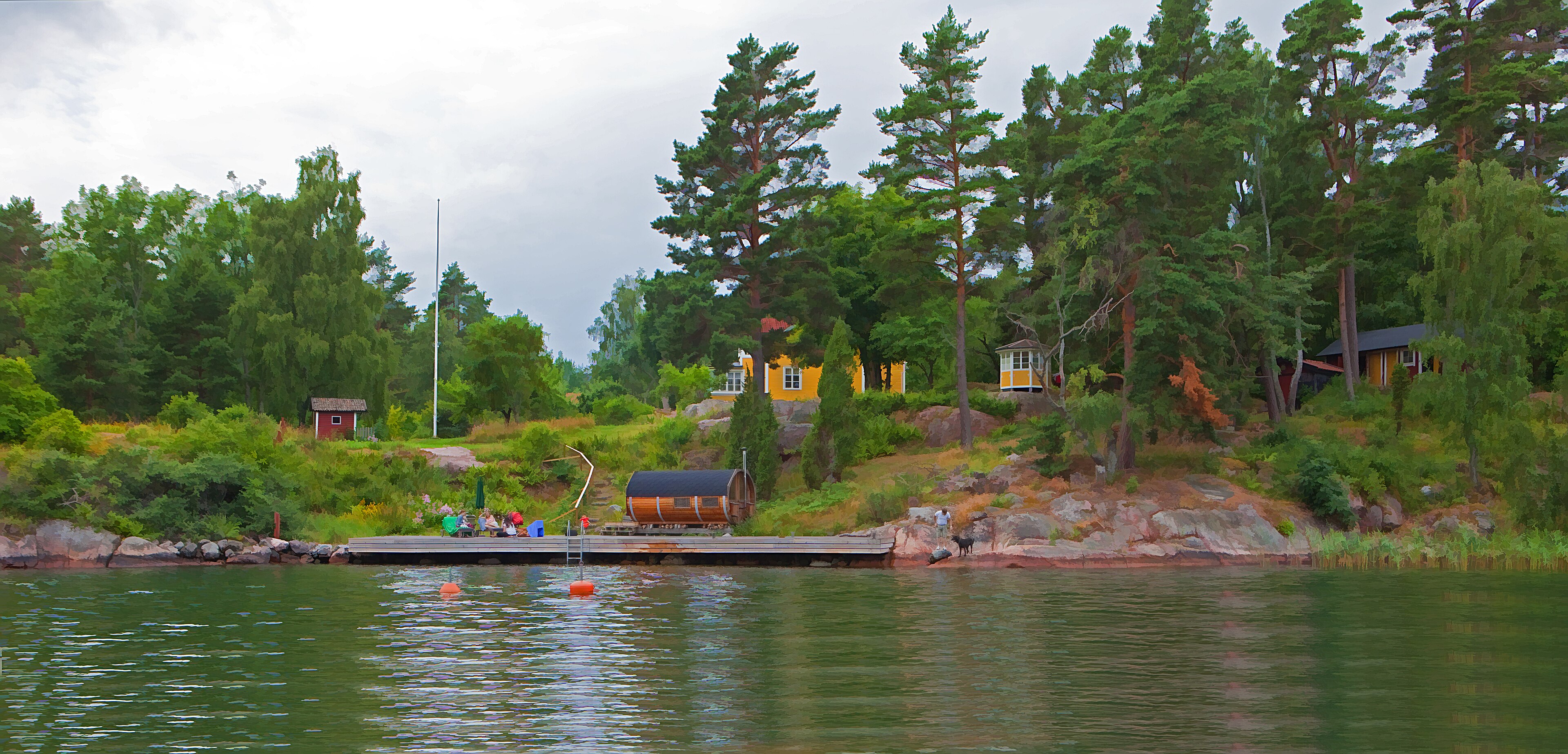 Blick über bewaldete Inseln und Wasser im Stockholmer Schärengarten.