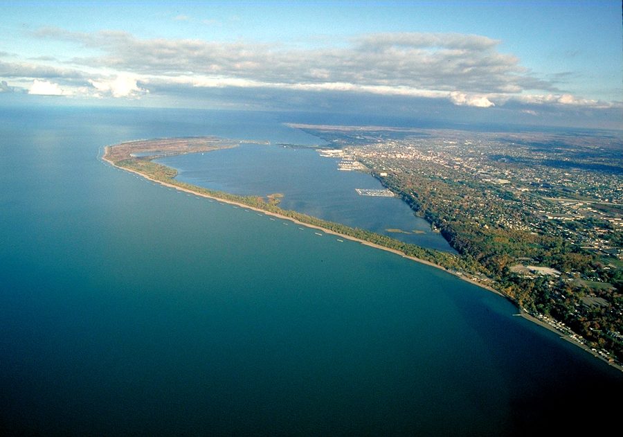 Aerial view of Presque Isle State Park on Lake Erie near Erie, Pennsylvania.