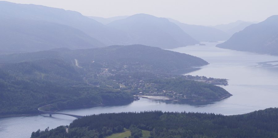 View of Terråk village in Bindal municipality, Norway, photographed from Mulingen