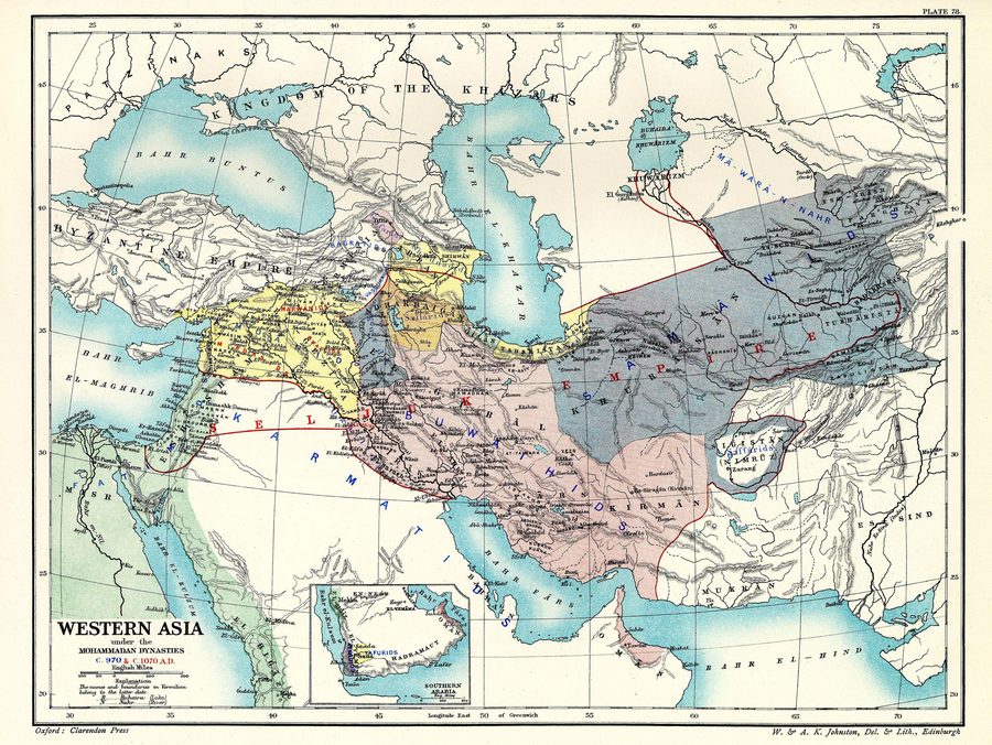 Historische Karte der mohammedanischen Dynastien in Westasien von 970 bis 1070.