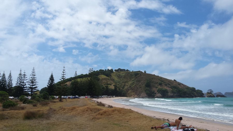 Blick von der Mitte des Strands nordwärts über die Matauri Bay