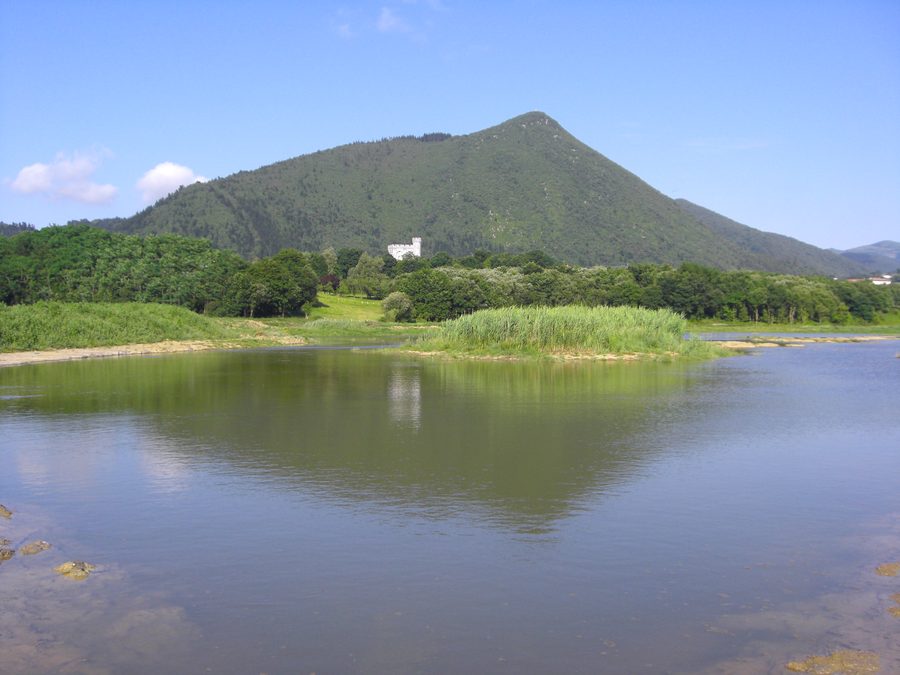 Laguna salobre en las marismas de Gautegiz-Arteaga con una torre al fondo