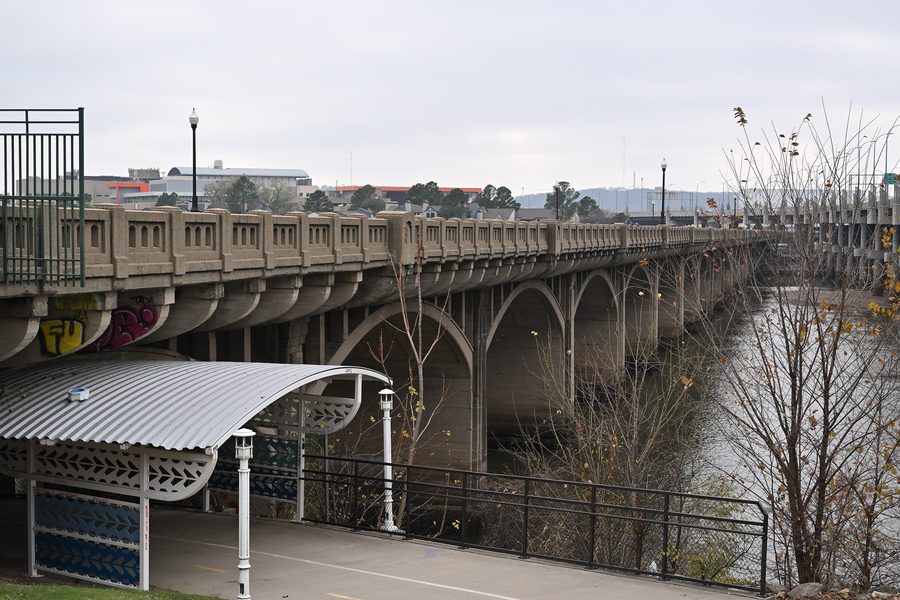 Riverside Parks East Trail, the Arkansas River, and the Eleventh Street bridge in Tulsa