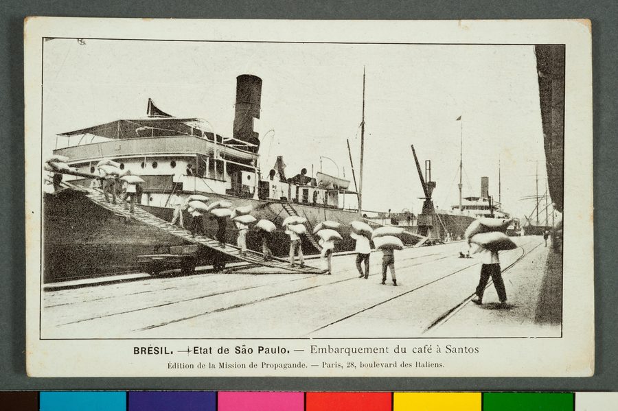 Historische Darstellung der Verschiffung von Kaffee im Hafen von Santos