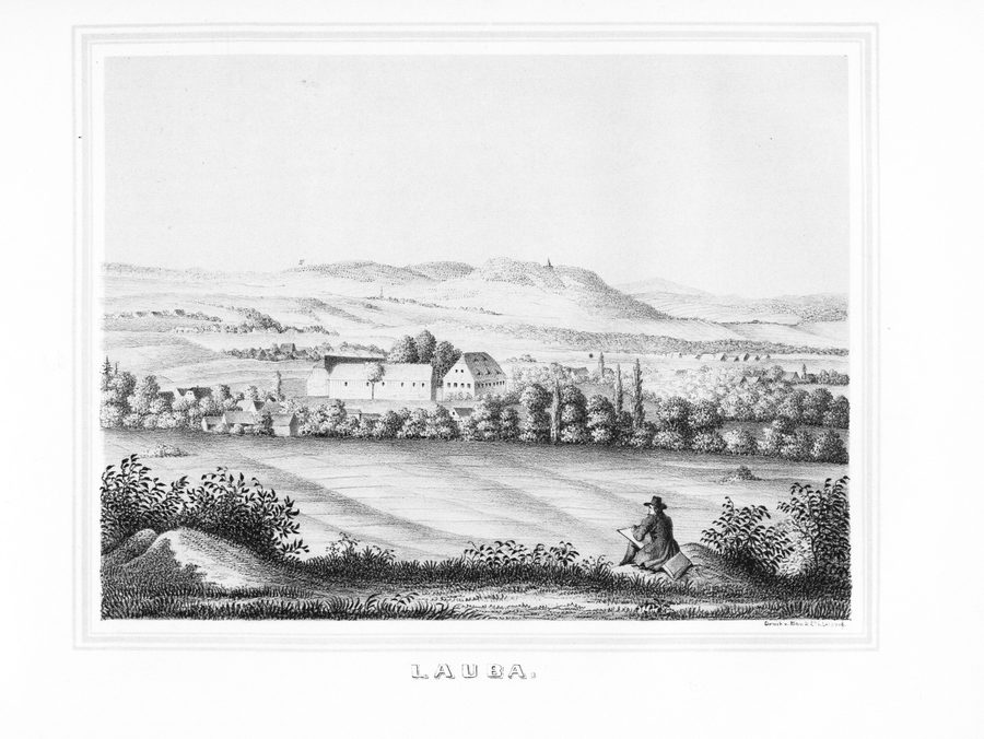 Historische Ansicht von Lauba in der Oberlausitz aus einem sächsischen Rittergüter- und Schlösseralbum