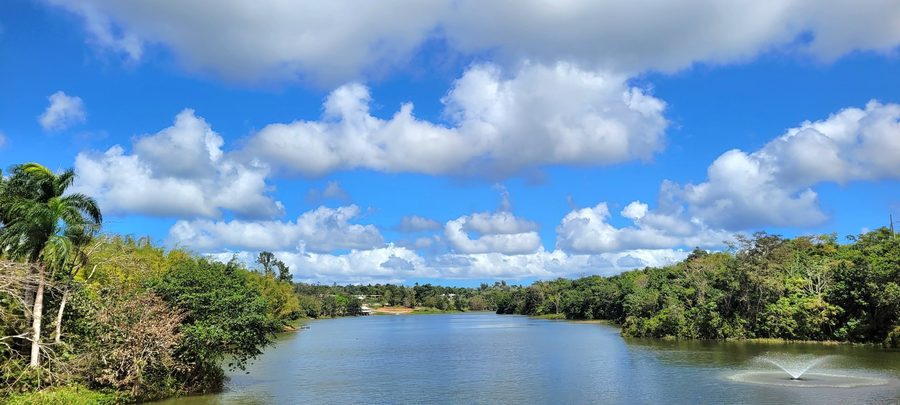 Lago de Cidra mit der grünen, bergigen Landschaft rund um Cidra in Puerto Rico