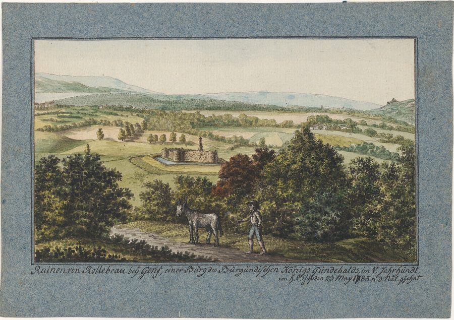 Historische Darstellung der Ruinen von Château de Rouelbeau in den Sümpfen von Meinier