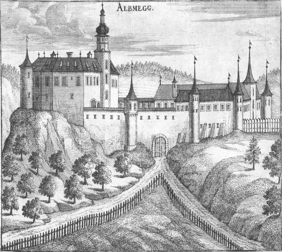 Historische Darstellung von Schloss Almegg nach einem Stich von Georg Matthäus Vischer aus dem Jahr 1674