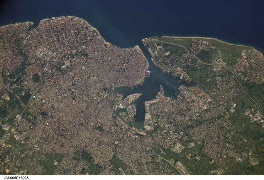 Aerial view of the red tile roofs and historic buildings of Old Havana, Cuba