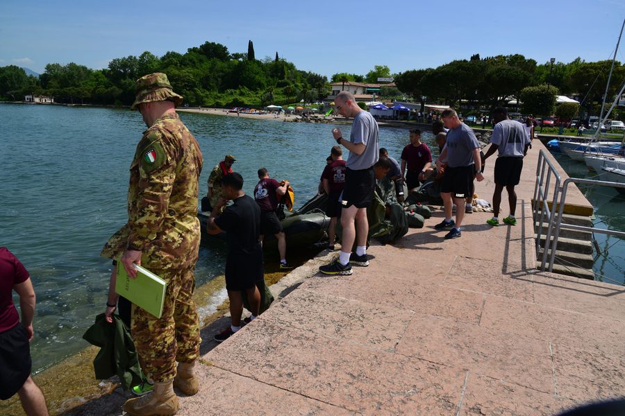 Paratroopers returning to the shore of Lake Garda near Pacengo, Italy