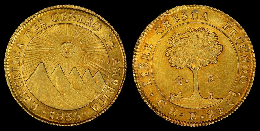 Eine historische Münze mit der Aufschrift „Federal Republic of Central America“ und der Jahreszahl 1835.