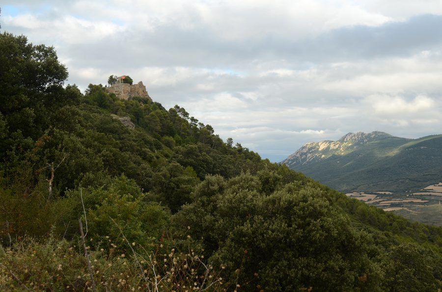 Castillo de San Esteban de Deyo en la cumbre del monte Monjardín, con Montejurra al fondo