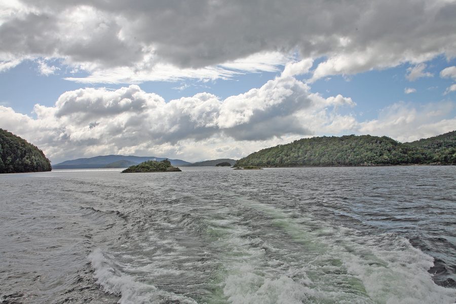 Lake Manapouri mit Bergen und bewaldeter Uferlandschaft in Southland