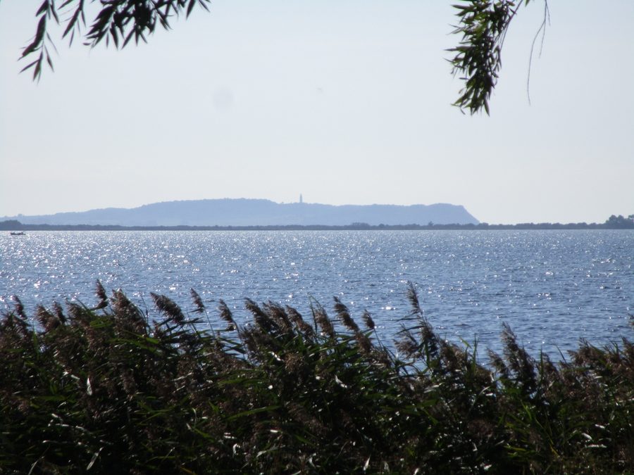 Blick über den Wieker Bodden nach Hiddensee mit dem Bakenberg in der Ferne