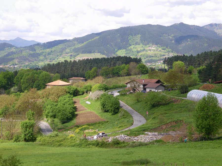 Ländliche Landschaft mit Bauernhäusern, Bäumen und Wiesen in Igorre, Bizkaia