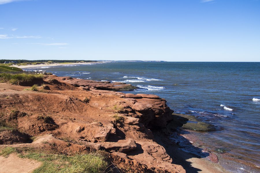 Sandy coastline in Prince Edward Island National Park with open water and dunes.