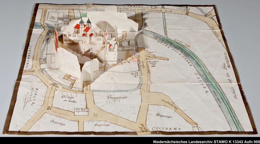 Historische dreidimensionale Darstellung des Burgplatzes mit Dom und weiteren Gebäuden in Braunschweig