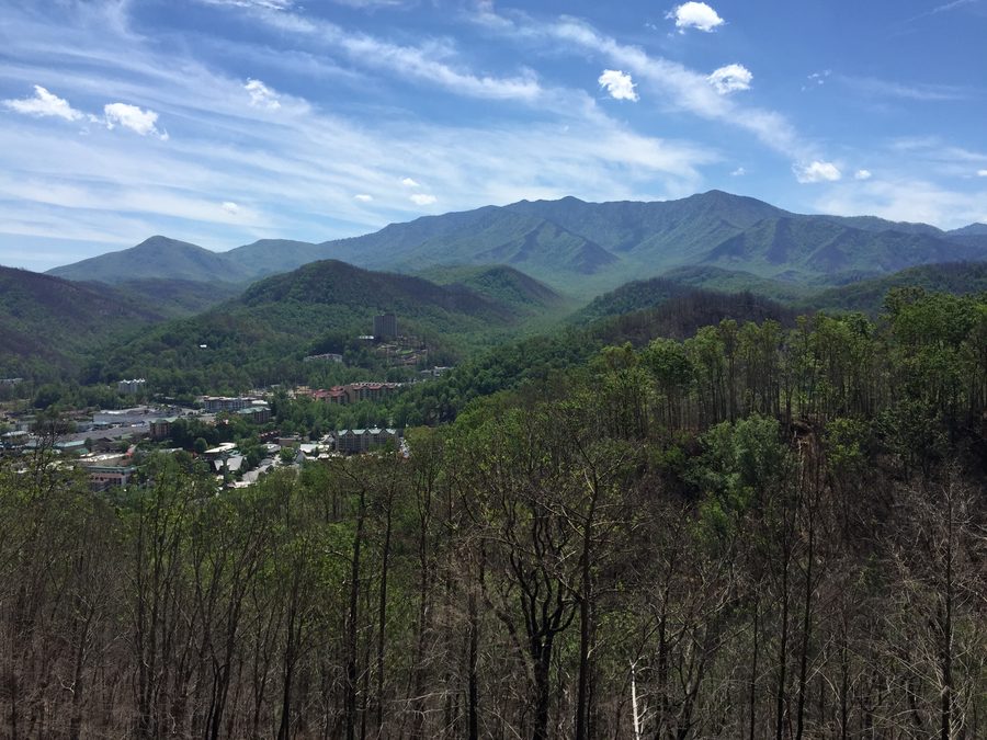View of the western portion of Gatlinburg and Mount Le Conte from the Gatlinburg Bypass