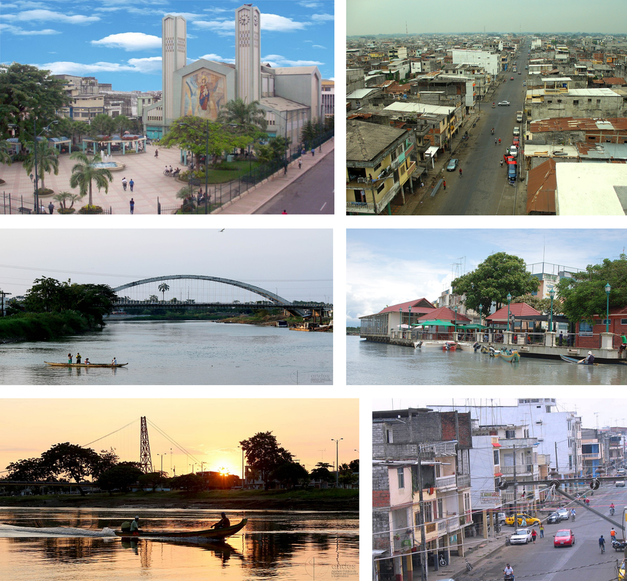 Collage mit Ansichten von Babahoyo, darunter der Río Babahoyo, eine Uferpromenade und Stadtansichten