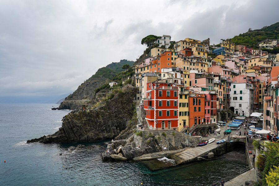 Riomaggiore village and harbour on the Cinque Terre coast in Liguria.