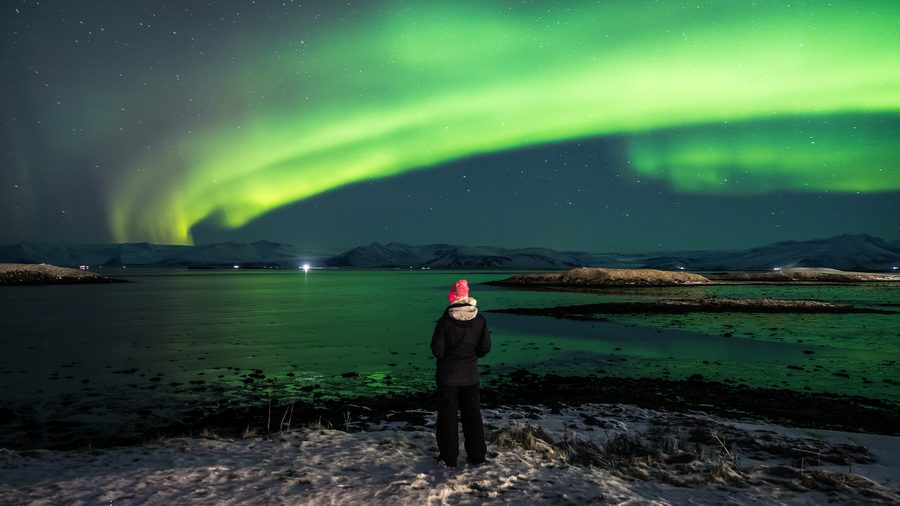 Polarlichter über einer verschneiten Landschaft bei Höfn in Island.