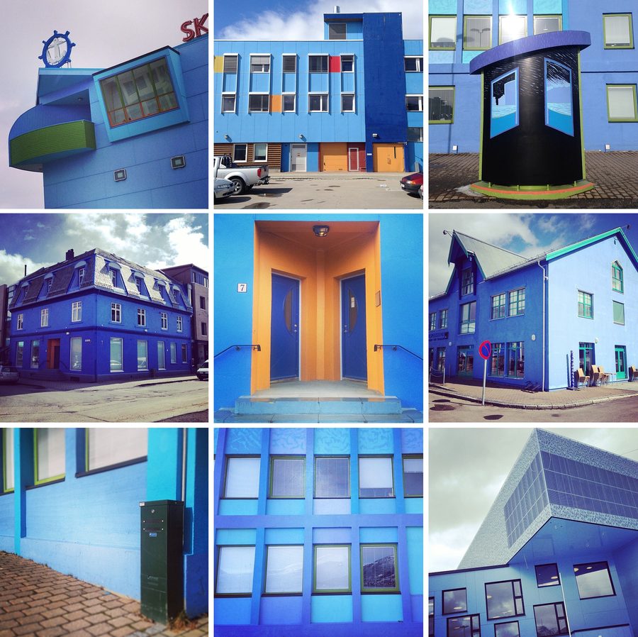 Collage of blue-painted buildings in Sortland, Norway