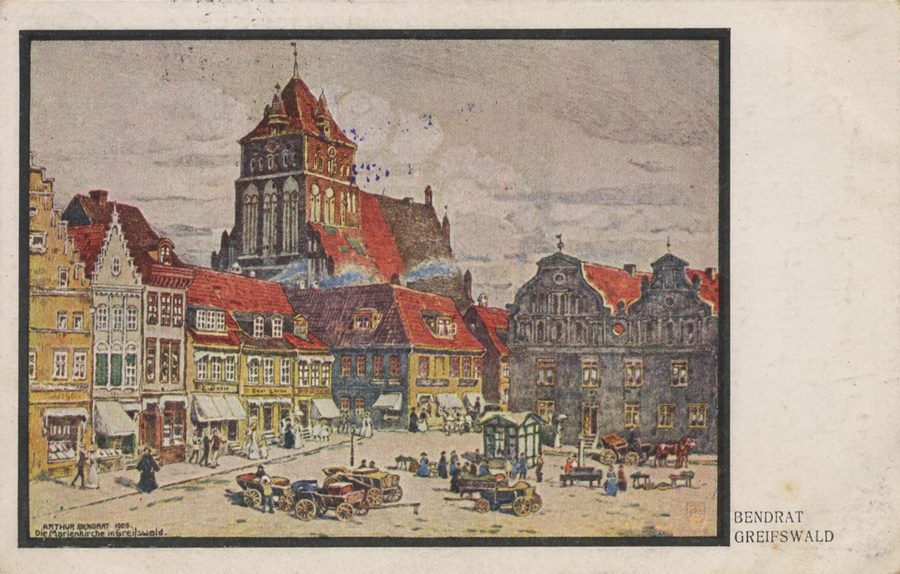 Marienkirche und Nordostecke des Marktplatzes in Greifswald