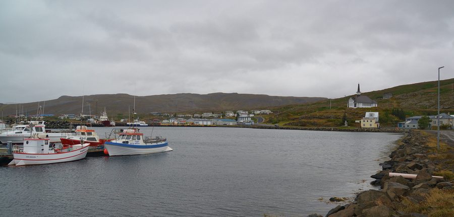 Hólmavík harbour and church in Iceland