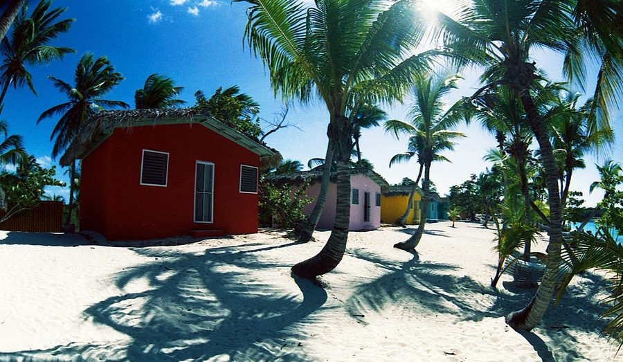Tropical Caribbean beach with calm blue water and beach houses on Isla Catalina.