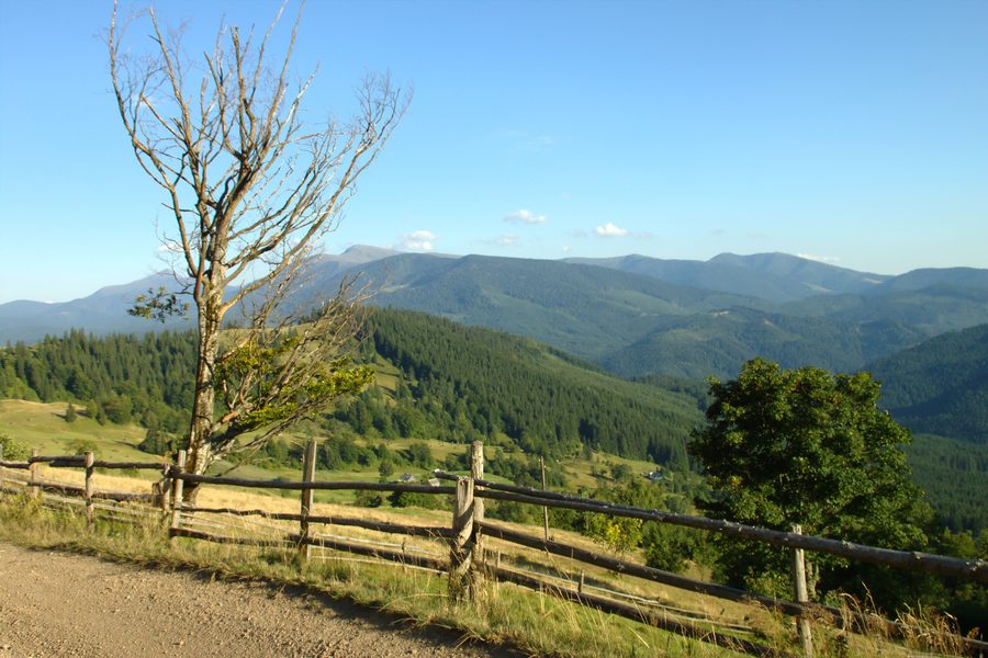 Straße nach Jassinja in der Oblast Transkarpatien vor den Karpaten