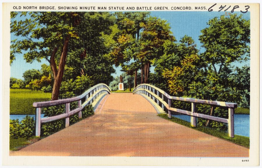 Old North Bridge mit Minute-Man-Statue und Battle Green in Concord, Massachusetts